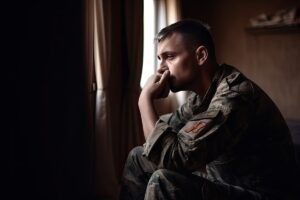 a person looks forlorn while staring out a window to show mental illness in veterans
